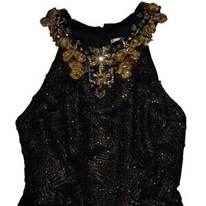 Badgley Mischka Gold Metal Embellished Neckline Black Ball Gown Size 4